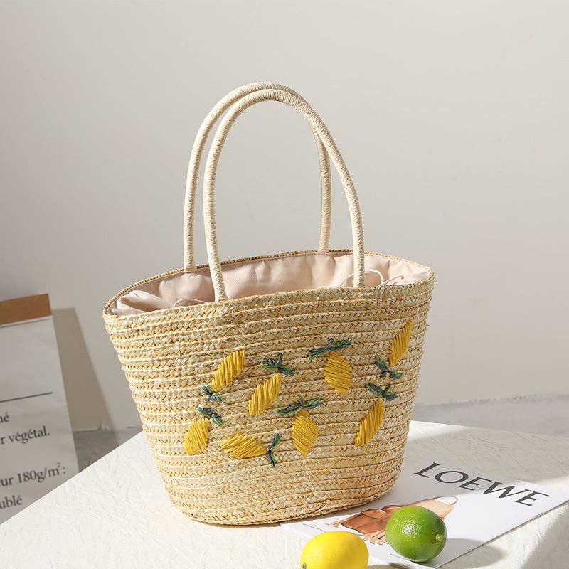 Handwoven Embroidered Lemon Straw Tote Bag: Machine-Sewn Lemon