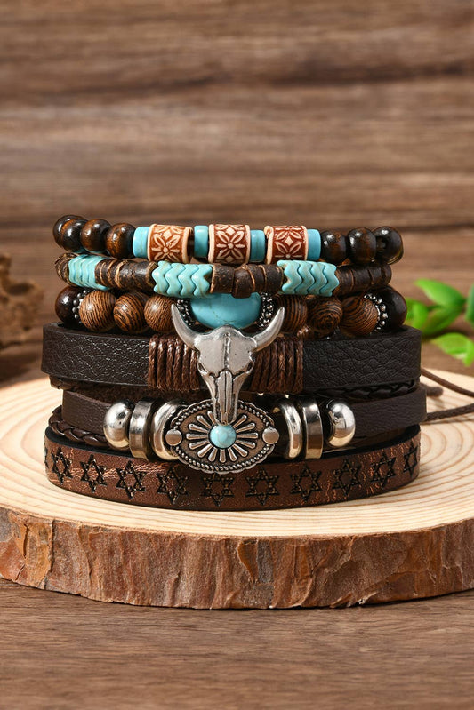 6 Piece Western Bull Skull Turquoise Beading Bracelet: Chestnut