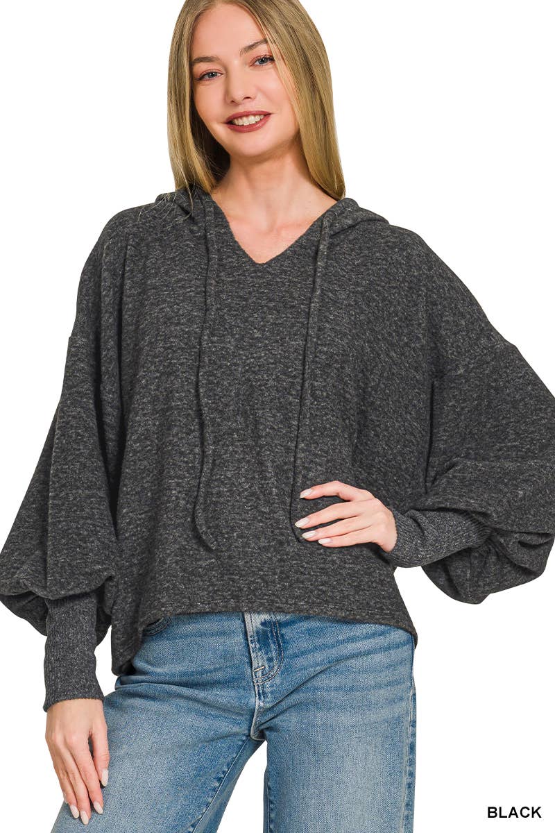 Soft Brushed Hacci Cropped Balloon Sleeve Hoodie Zenana: DUSTY BLUE-201630 / L/XL