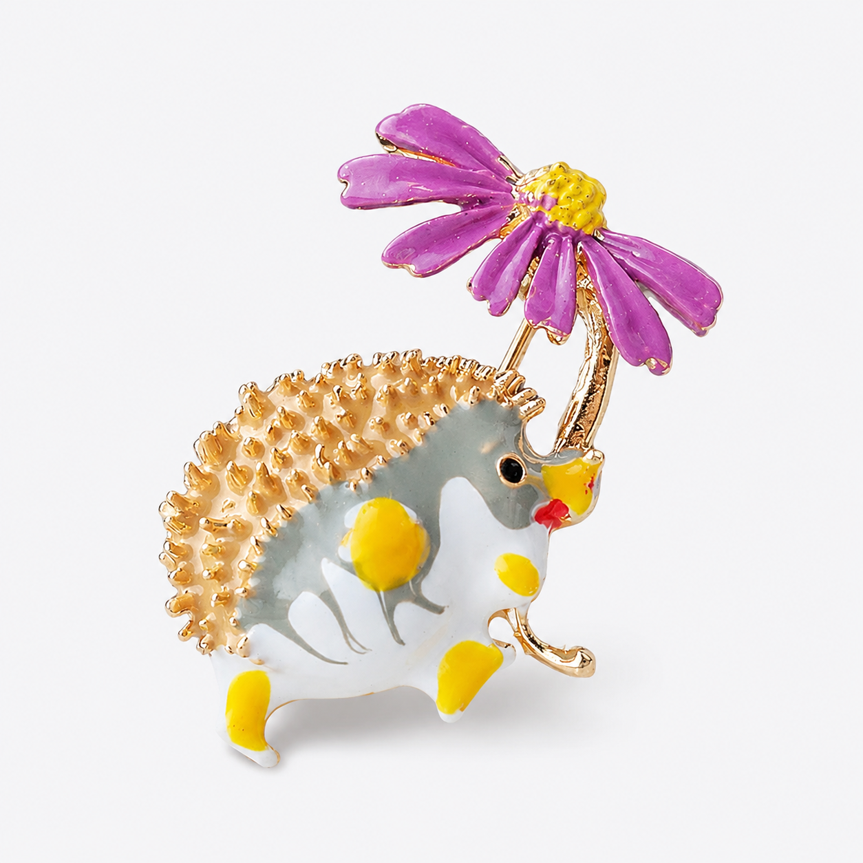 Whimsical Enamel Hedgehog and Daisy Brooch Pin: A1