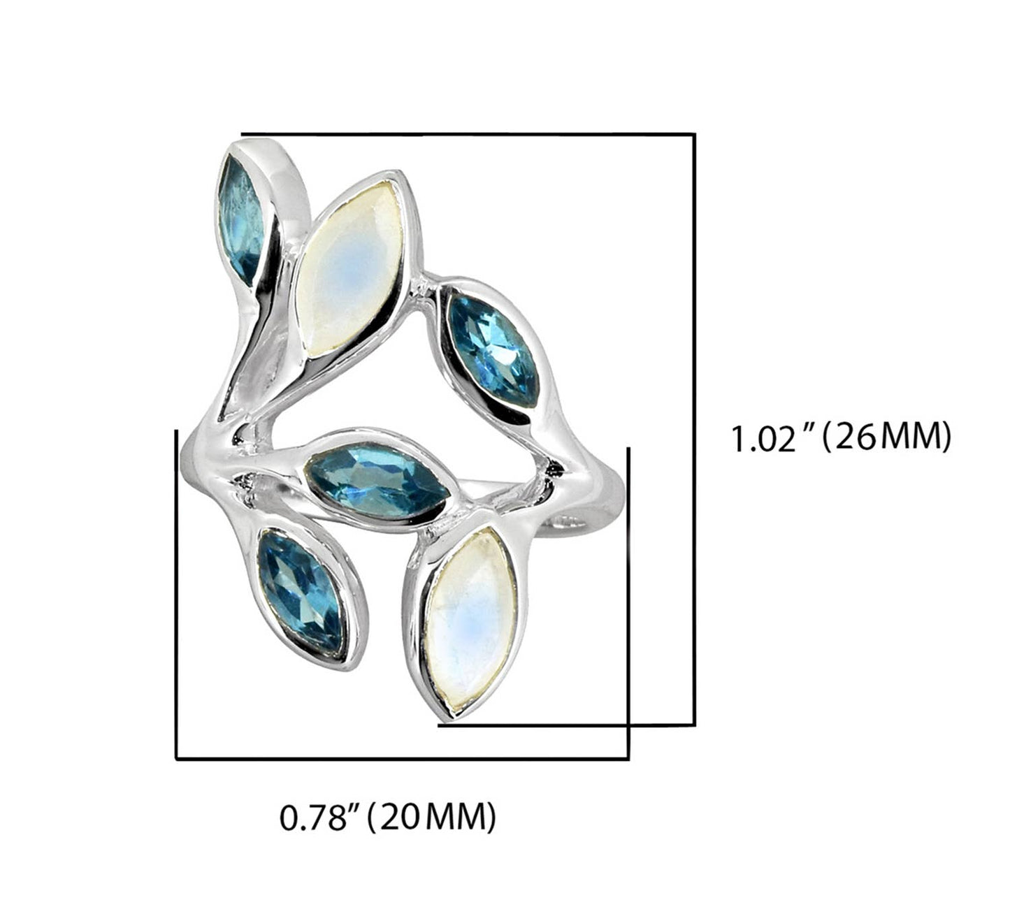 London Blue Topaz Moonstone 925 Sterling Silver Leaf Ring: 9