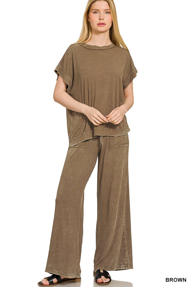 `Ribbed Washed Rayon Top & Pants Set Zenana: SLEET-186686 / M