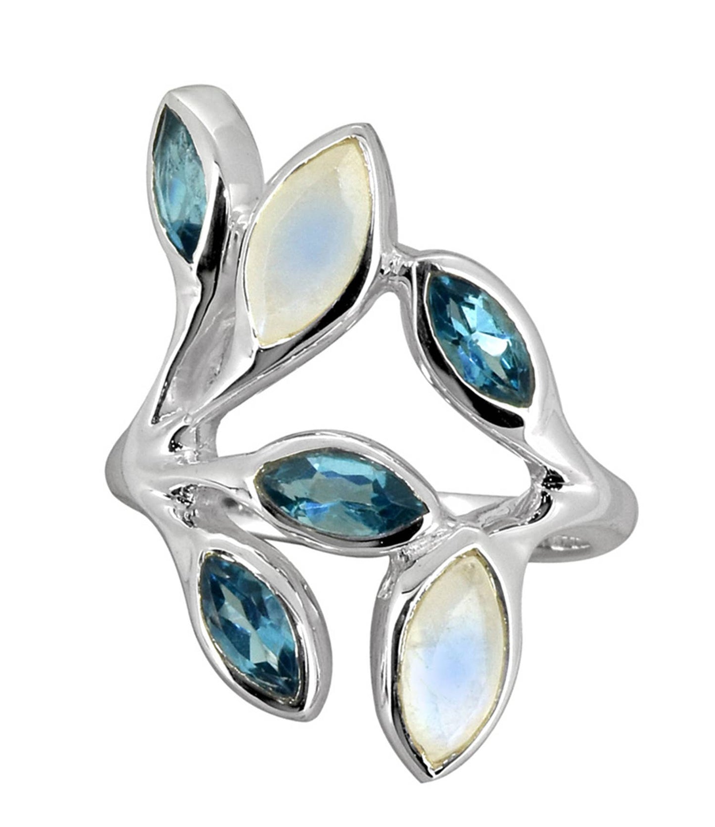 London Blue Topaz Moonstone 925 Sterling Silver Leaf Ring: 7