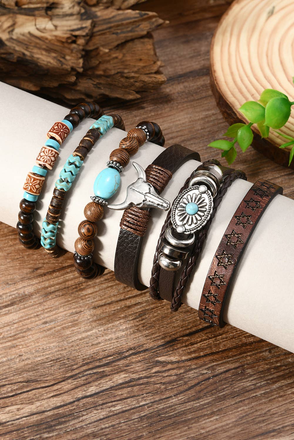 6 Piece Western Bull Skull Turquoise Beading Bracelet: Chestnut