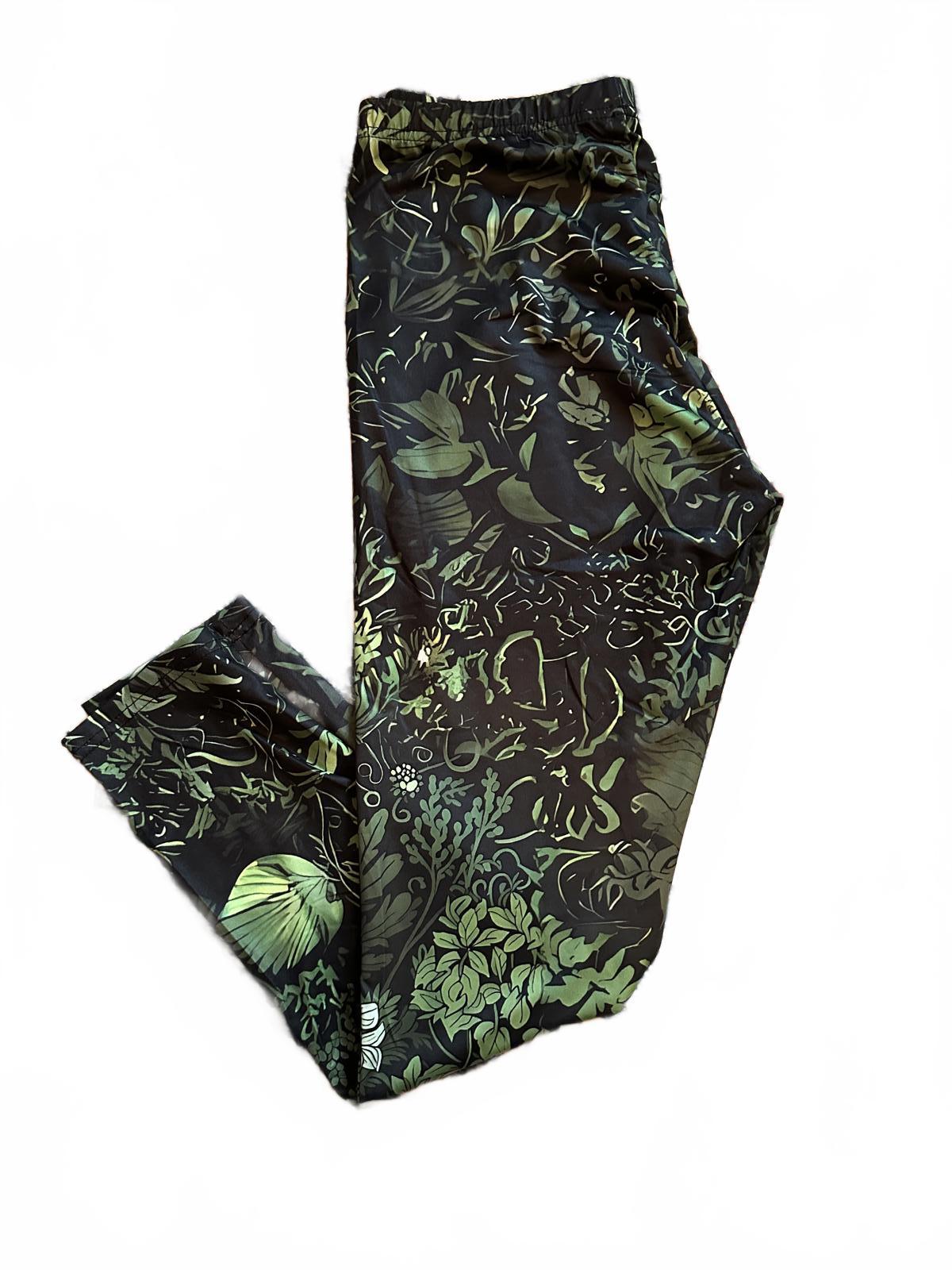 Women's Green and Black Patterned Activewear Leggings Large