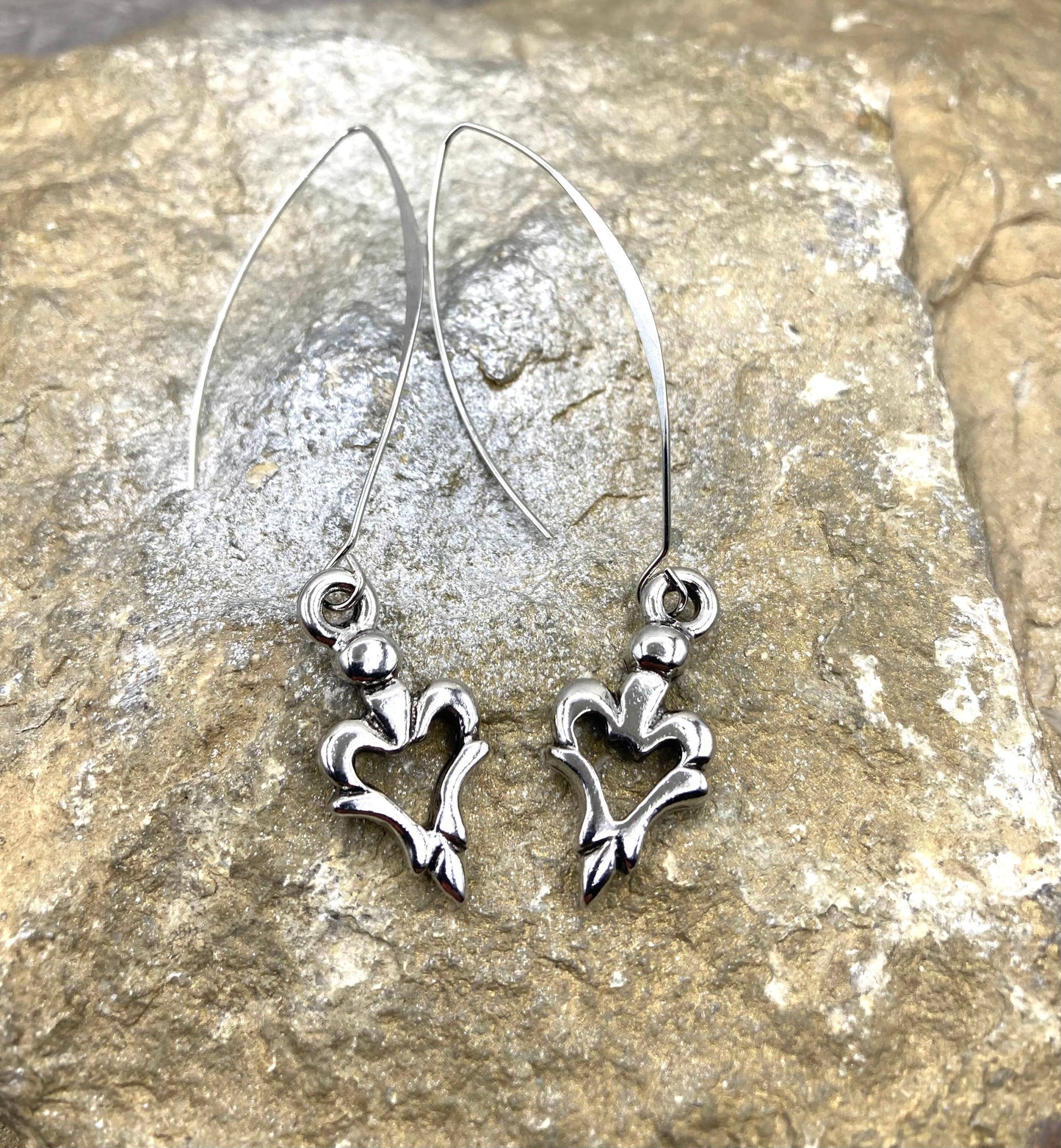 Silver Linear Heart Drop Earring