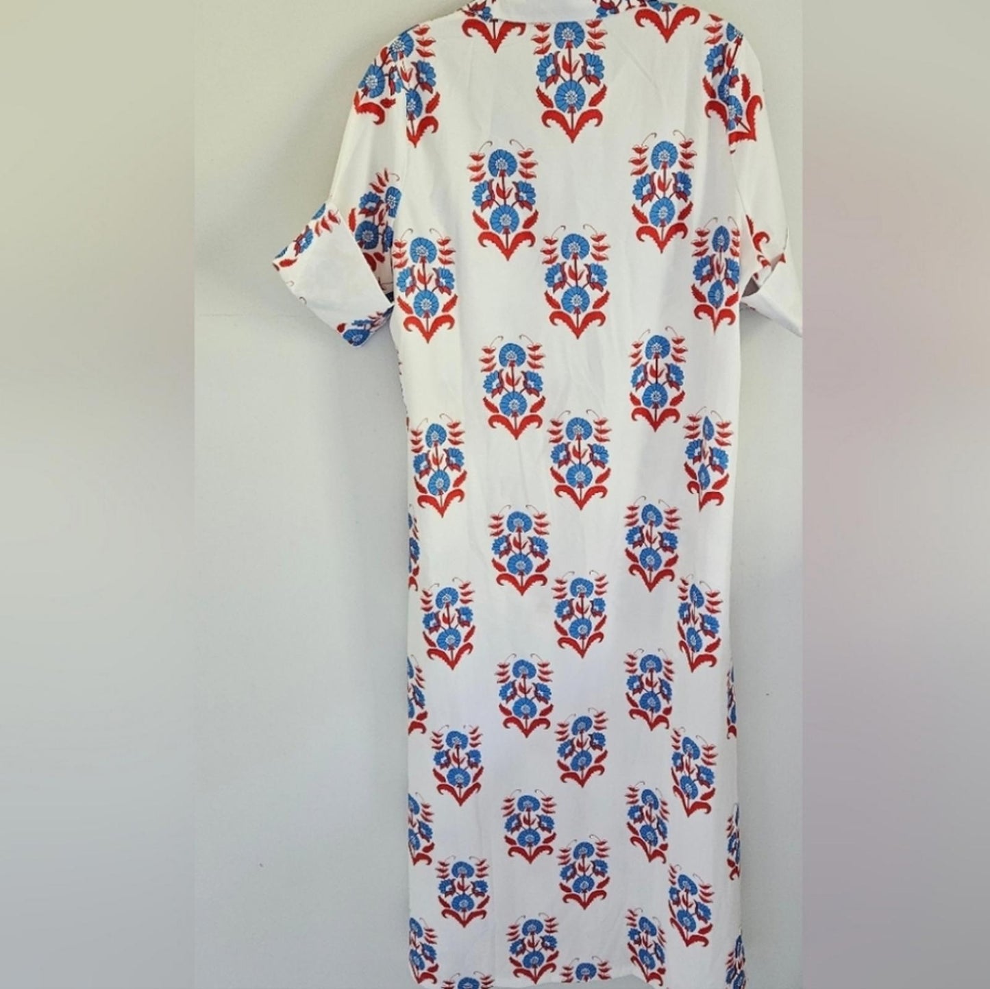 Folk art print red, white, blue maxi dress
