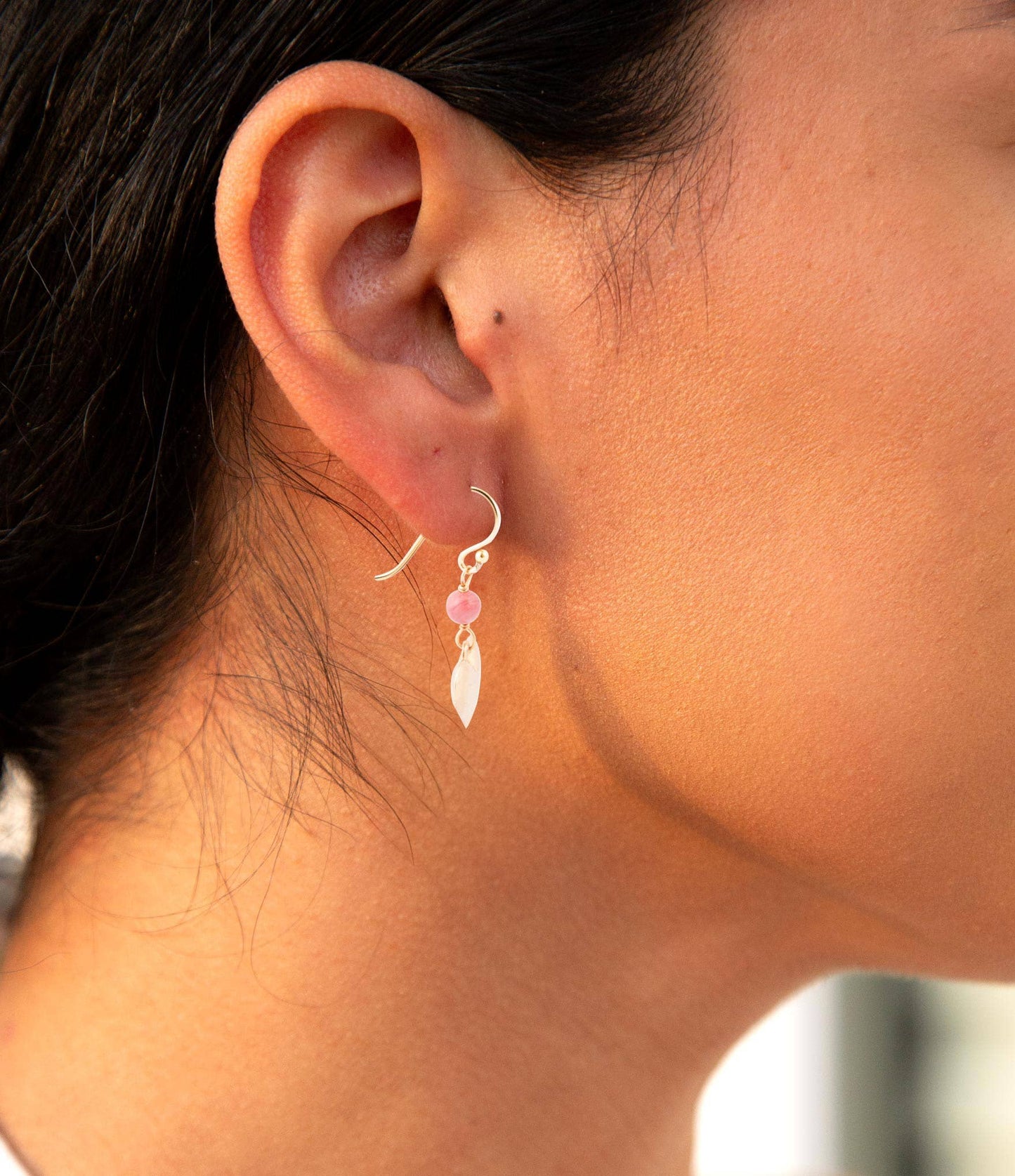 Pink Rhodonite and Golden Bronze Heart Charm Earrings