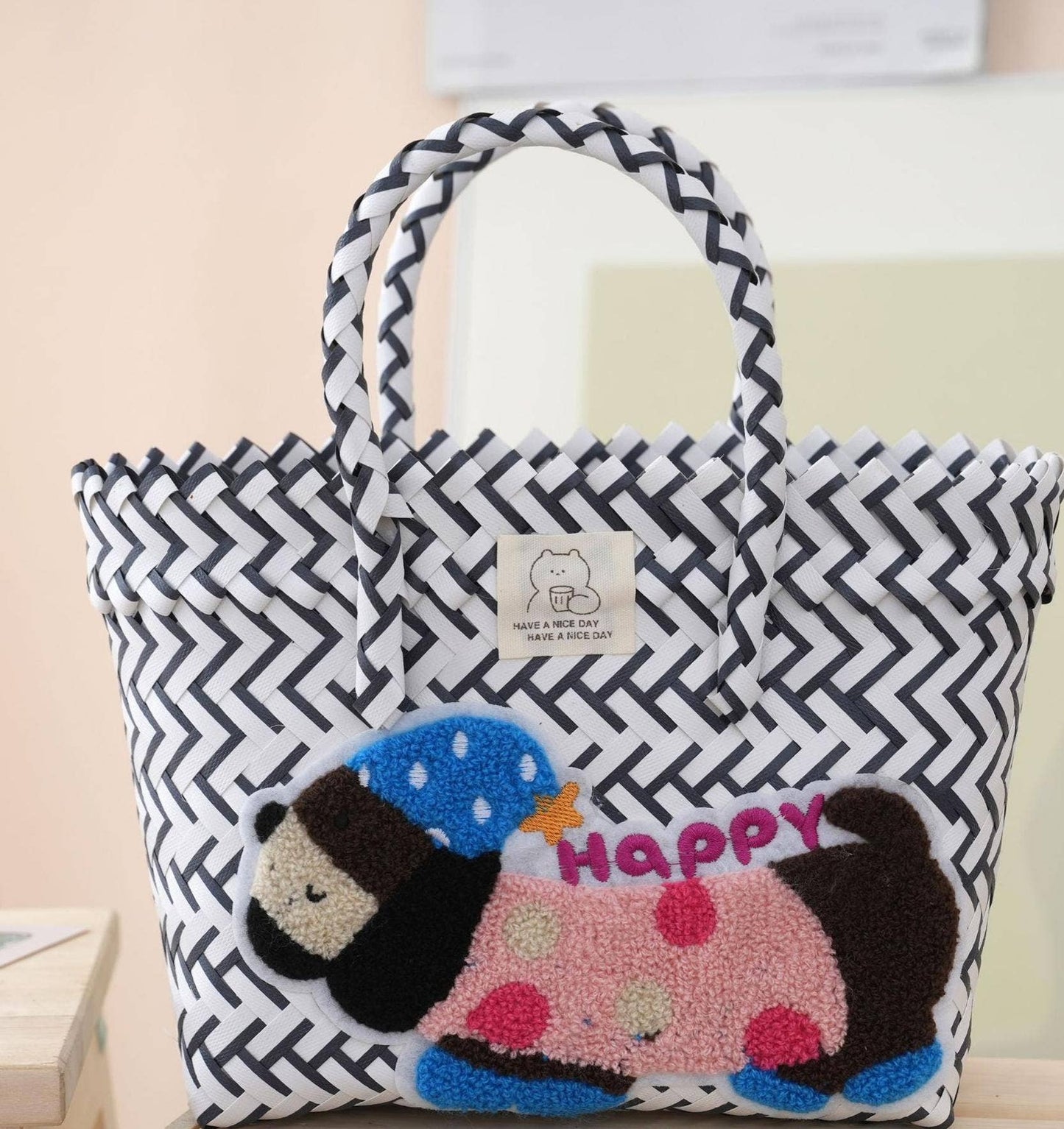 Dachshund Dog PVC Woven Handbag Beach Picnic Basket: Navyblue / M