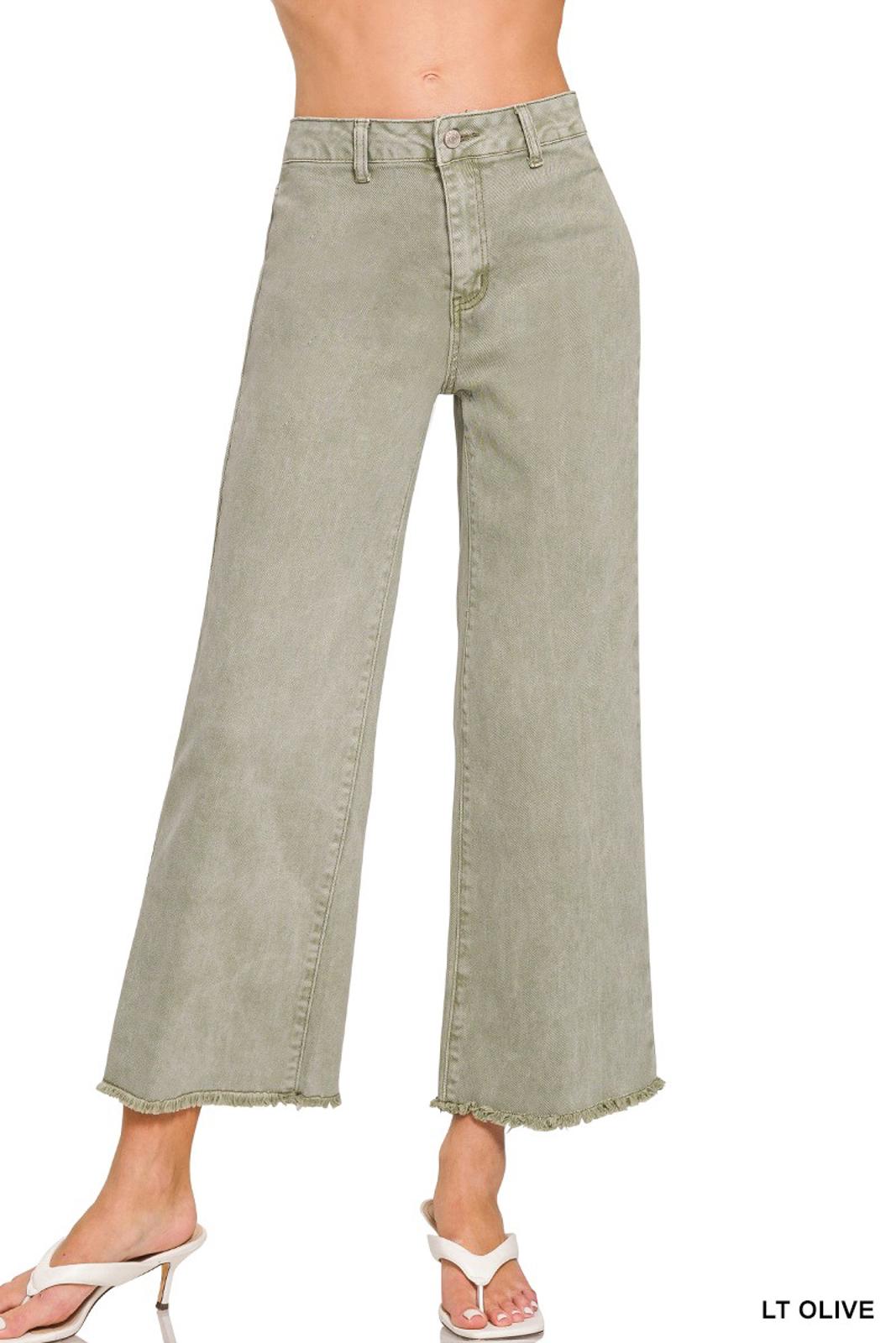 Zenana acid washed frayed cutoff hem wide Lt. Olive - Large