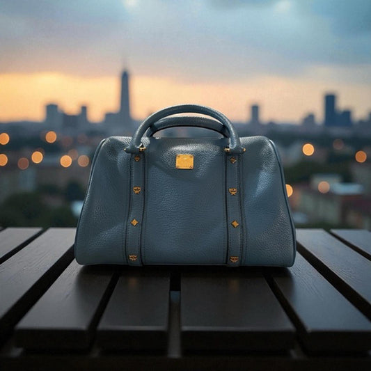 MCM Blue Leather Handbag with Gold Hardware