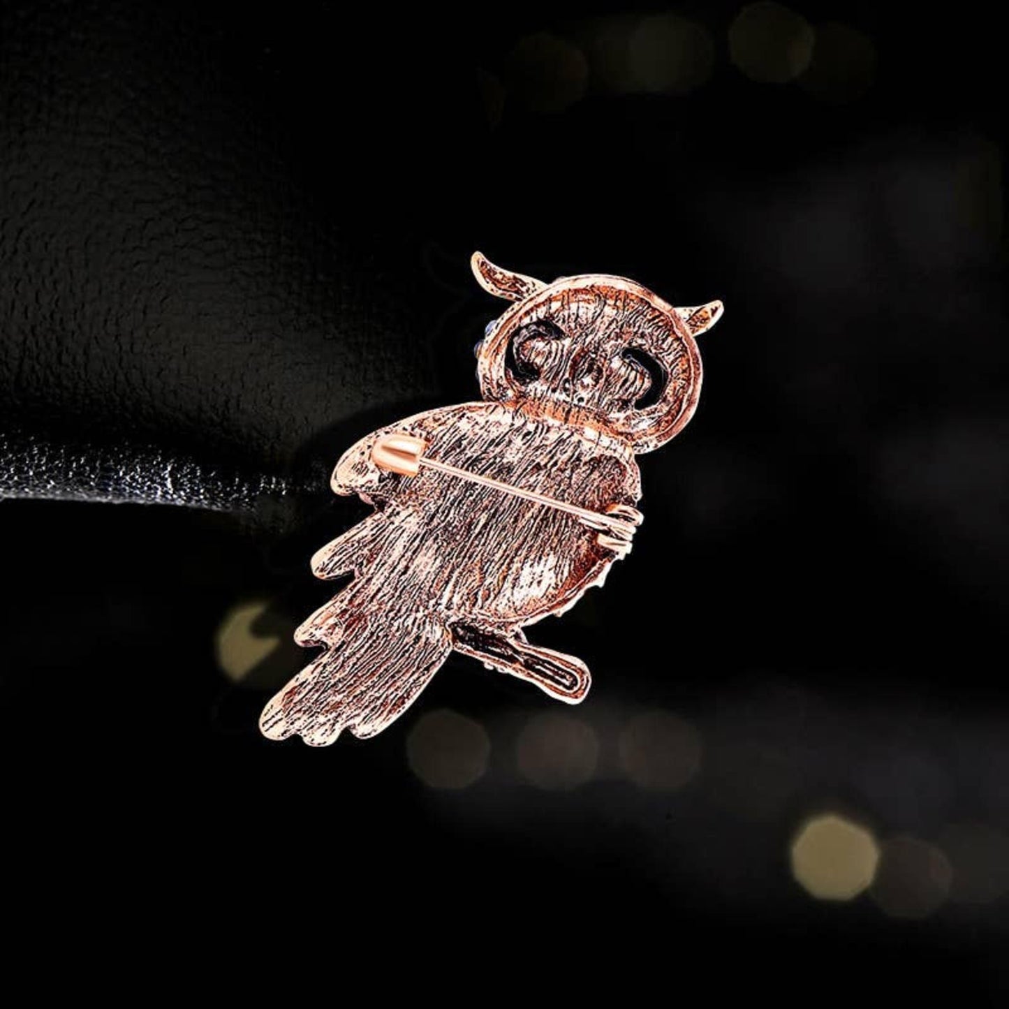 Rhinestone Studded Blue Owl Brooch and Rose Gold Tone