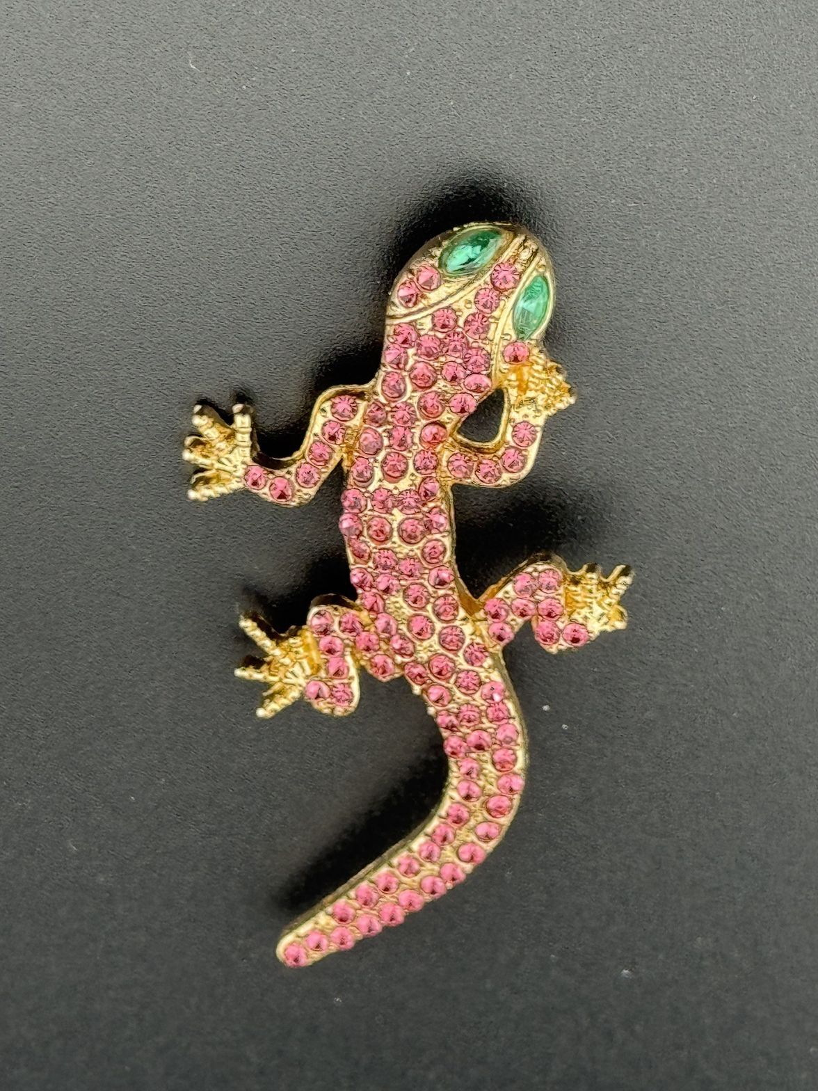 Pink Rhinestone Lizard Brooch with Green Eyes