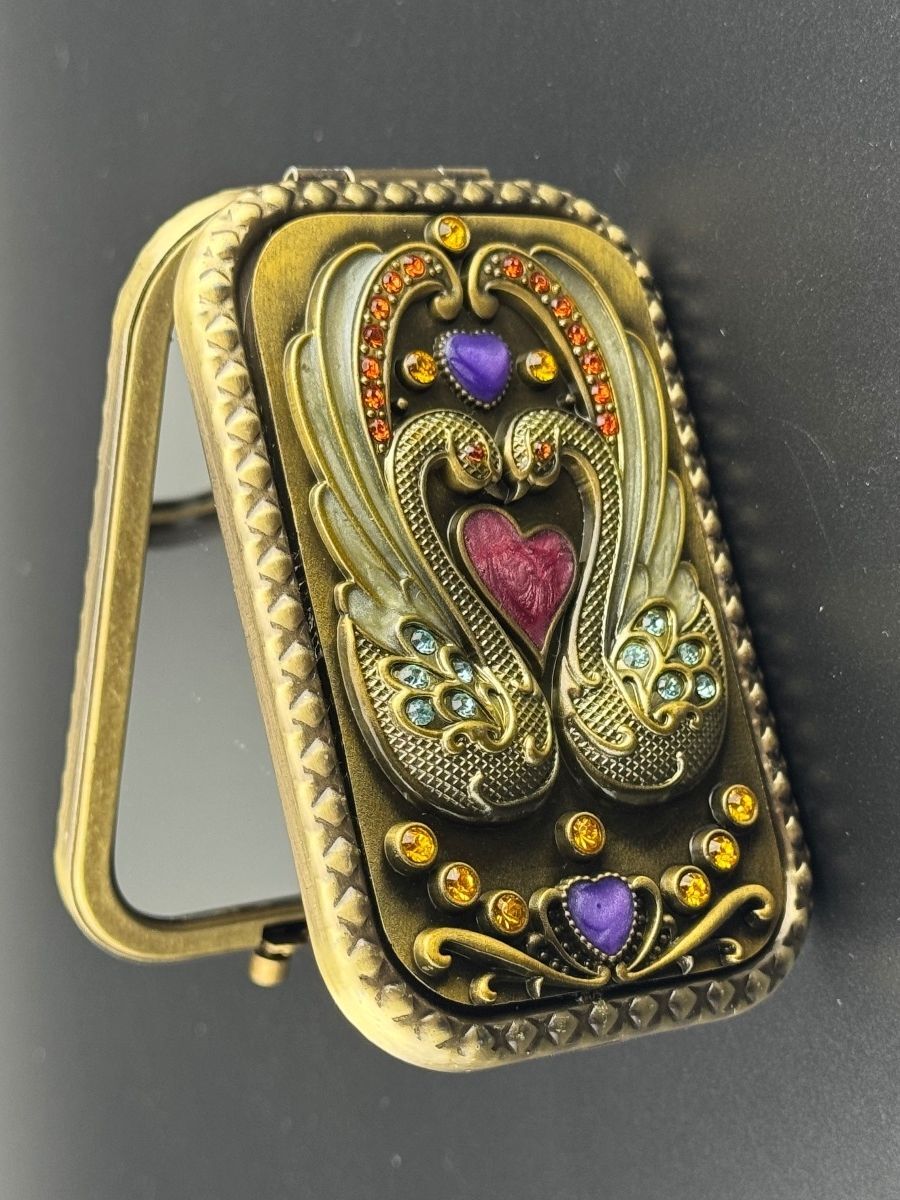 Swan Design Compact Mirror with Crystal Accents Metal Finish