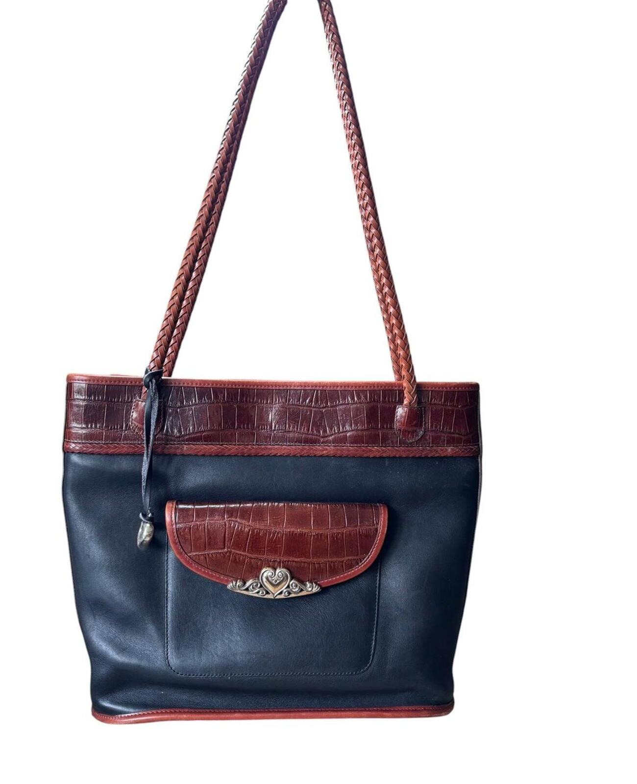 Brighton Black and Brown Leather Tote with Braided Straps